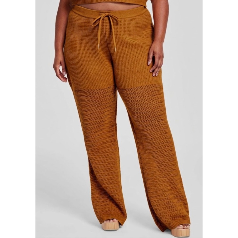 Nina Parker Knit Pantsβ Womens 1X Brown Boho Cozy Textured Flare Leg Loungewear
